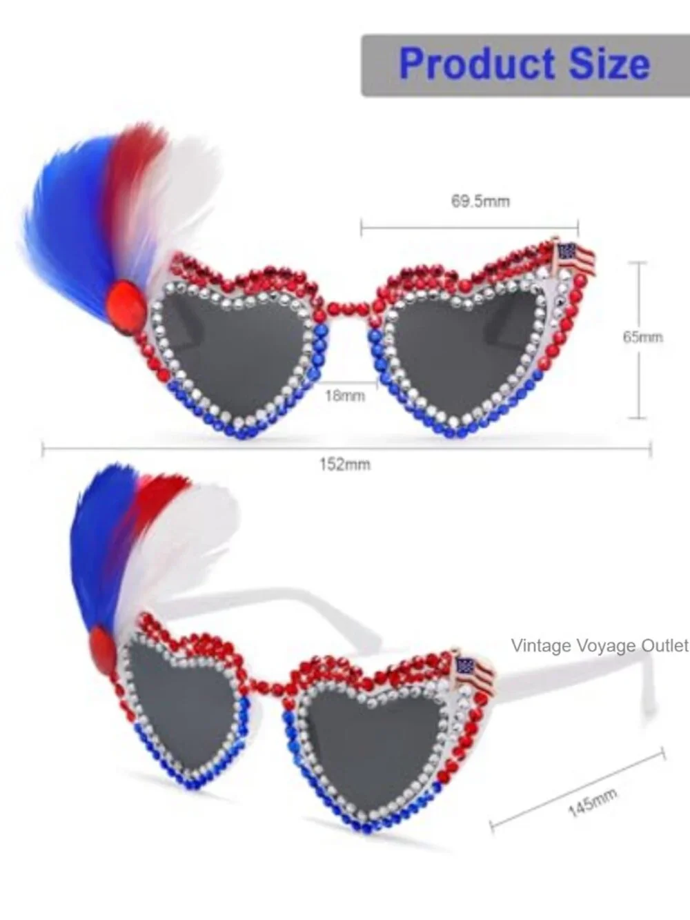 Patriotic USA Flag Heart Rhinestone Sunglasses for Women Men UV400 Protection